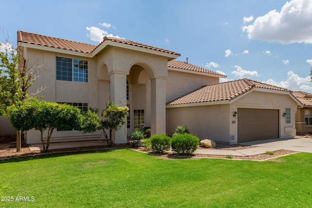 453 E Baylor Ln, Gilbert, AZ 85296 - mediterranean / spanish-style house featuring an attached garage, stucco siding, a front lawn, and a tiled roof