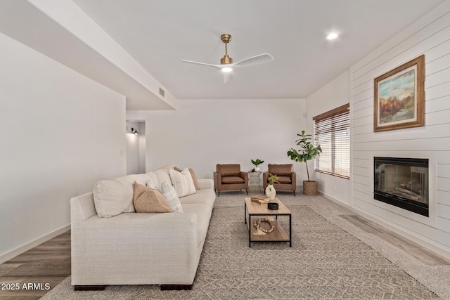 453 E Baylor Ln, Gilbert, AZ 85296 - living room featuring ceiling fan, wood finished floors, baseboards, a fireplace, and recessed lighting