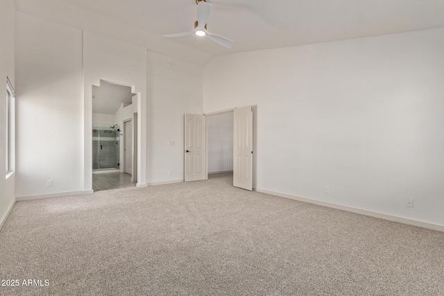 453 E Baylor Ln, Gilbert, AZ 85296 - unfurnished bedroom with light carpet, baseboards, ensuite bath, high vaulted ceiling, and a ceiling fan