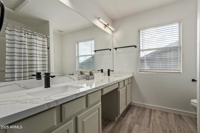 453 E Baylor Ln, Gilbert, AZ 85296 - full bath featuring toilet, wood finished floors, double vanity, and baseboards