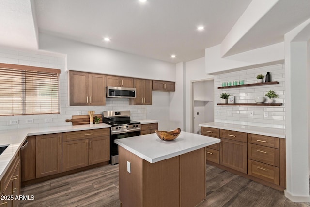 453 E Baylor Ln, Gilbert, AZ 85296 - kitchen with appliances with stainless steel finishes, backsplash, open shelves, dark wood-style flooring, and recessed lighting