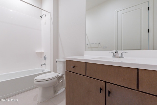 full bath with tile patterned flooring, toilet, vanity, and  shower combination