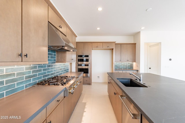 kitchen featuring under cabinet range hood, appliances with stainless steel finishes, light brown cabinetry, and a sink