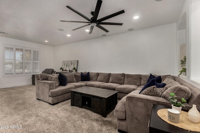 465 E Frances Ln, Gilbert, AZ 85295 - carpeted living room with a ceiling fan and recessed lighting