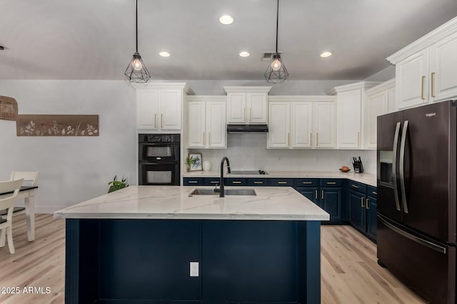 465 E Frances Ln, Gilbert, AZ 85295 - kitchen with black appliances, blue cabinetry, light wood-style flooring, white cabinetry, and pendant lighting