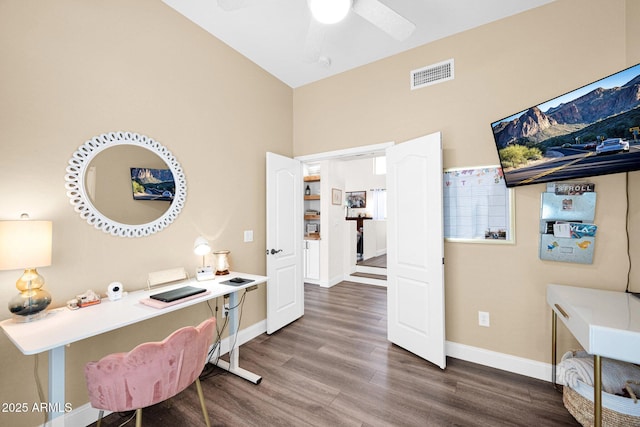 office area with a ceiling fan, dark wood-style floors, baseboards, and visible vents
