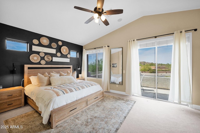 bedroom with baseboards, vaulted ceiling, carpet floors, and access to outside