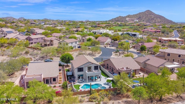 aerial view featuring a residential view and a mountain view