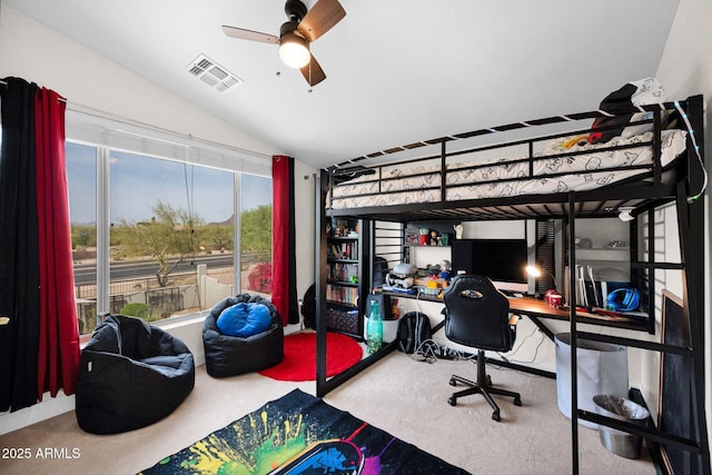 bedroom with lofted ceiling, ceiling fan, visible vents, and carpet floors