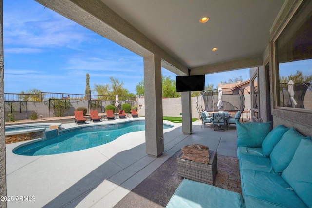 view of swimming pool with an outdoor hangout area, outdoor dining area, a fenced backyard, and a patio area