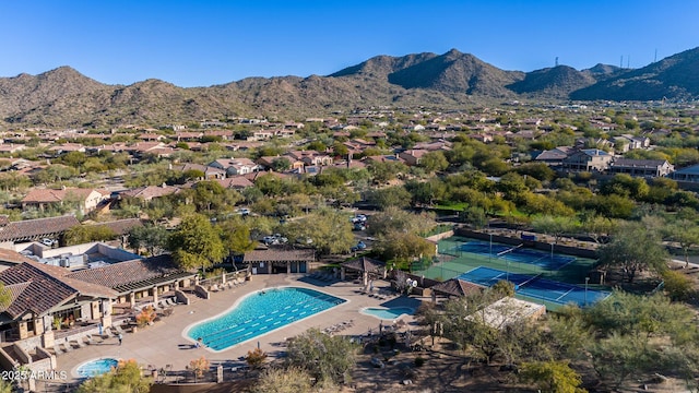 birds eye view of property featuring a residential view and a mountain view