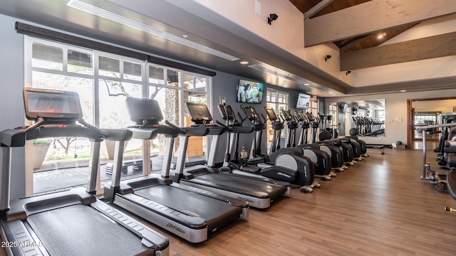 gym with high vaulted ceiling and wood finished floors