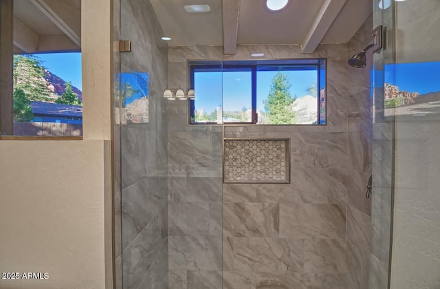 21 Hummingbird Cir, Sedona, AZ 86336 - full bathroom with a shower stall and beam ceiling