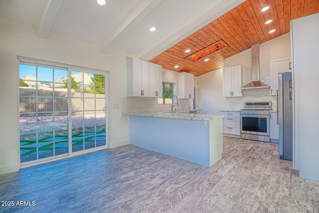 21 Hummingbird Cir, Sedona, AZ 86336 - kitchen with appliances with stainless steel finishes, wall chimney range hood, a peninsula, recessed lighting, and wood ceiling