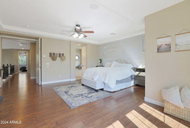 bedroom featuring dark wood-type flooring and ceiling fan