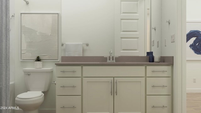 bathroom with a shower, wood-type flooring, toilet, and vanity