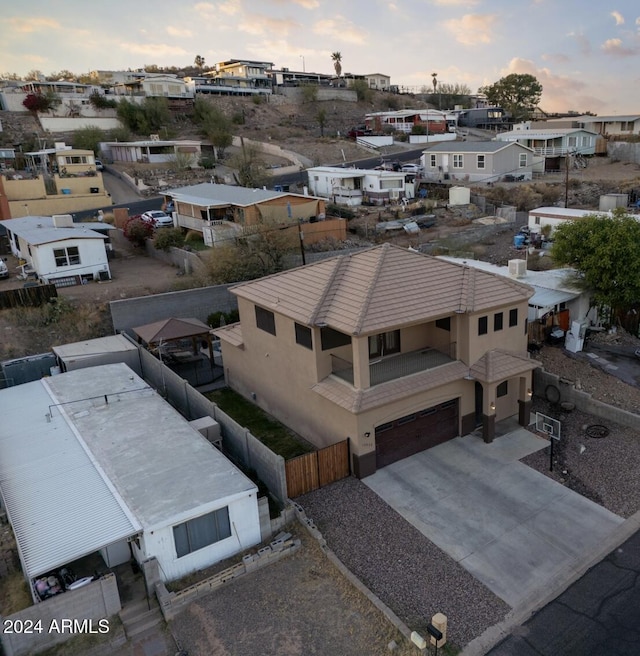 view of aerial view at dusk