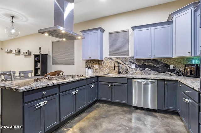 kitchen with hanging light fixtures, decorative backsplash, island range hood, kitchen peninsula, and stainless steel appliances