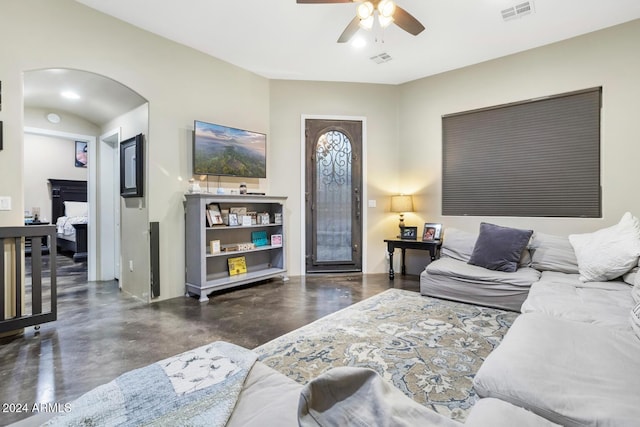 living room with ceiling fan