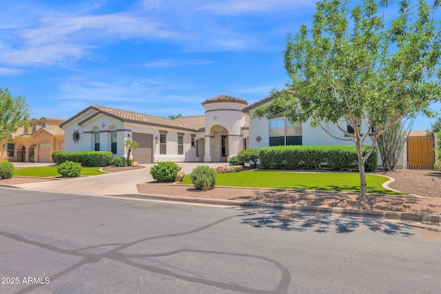 20115 E Sonoqui Blvd E, Queen Creek, AZ 85142 - mediterranean / spanish-style home featuring a garage, stucco siding, driveway, a front yard, and a tiled roof