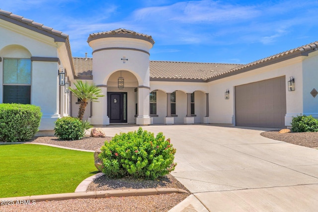 20115 E Sonoqui Blvd E, Queen Creek, AZ 85142 - mediterranean / spanish-style home with a tile roof, driveway, a garage, stucco siding, and a front yard