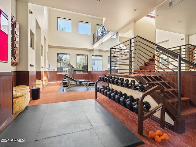 gym with carpet and a towering ceiling