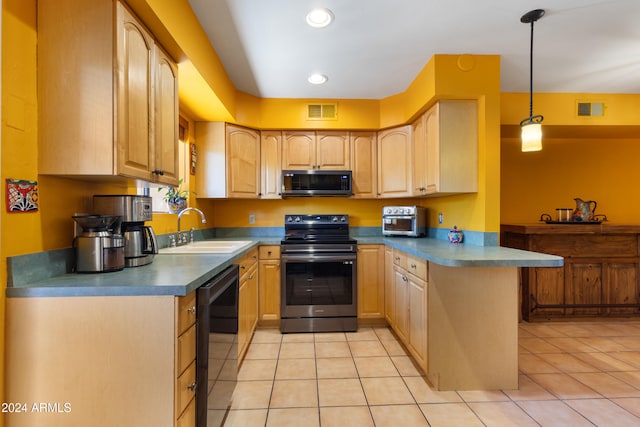 kitchen with stainless steel appliances, decorative light fixtures, light tile patterned floors, light brown cabinetry, and sink