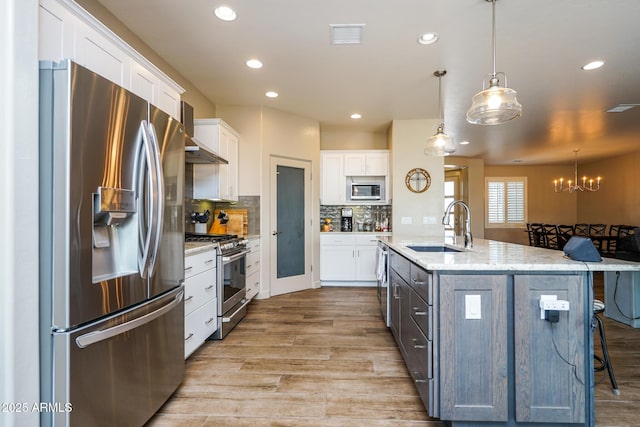 kitchen featuring white cabinetry, a sink, stainless steel appliances, and light wood-type flooring