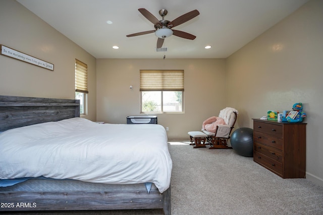 bedroom with visible vents, recessed lighting, carpet, and a ceiling fan