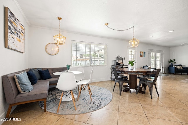 8315 E Devonshire Ave, Scottsdale, AZ 85251 - dining room featuring ornamental molding, a chandelier, light tile patterned floors, baseboards, and recessed lighting