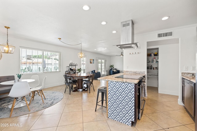 8315 E Devonshire Ave, Scottsdale, AZ 85251 - kitchen featuring island exhaust hood, recessed lighting, stainless steel appliances, light stone countertops, and light tile patterned flooring