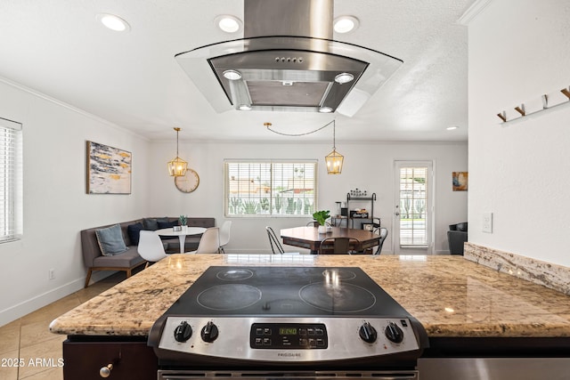 8315 E Devonshire Ave, Scottsdale, AZ 85251 - kitchen featuring stove, range hood, ornamental molding, light tile patterned floors, and light stone counters