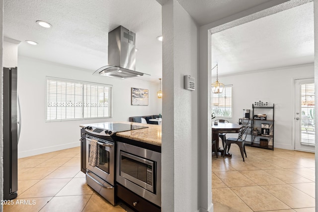 8315 E Devonshire Ave, Scottsdale, AZ 85251 - kitchen with island range hood, stainless steel appliances, light tile patterned flooring, a textured ceiling, and light stone counters