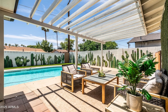 8315 E Devonshire Ave, Scottsdale, AZ 85251 - view of swimming pool featuring a pergola, a fenced backyard, a patio area, and outdoor lounge area