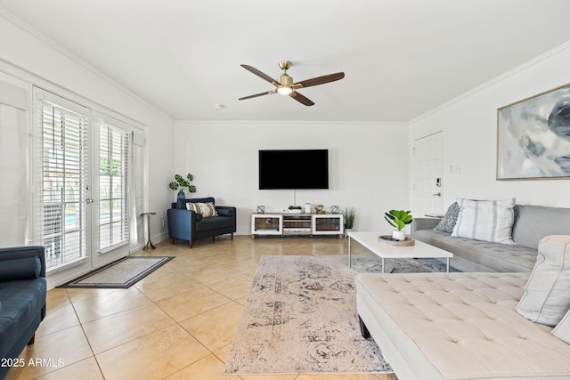 8315 E Devonshire Ave, Scottsdale, AZ 85251 - living room featuring crown molding, light tile patterned floors, and ceiling fan