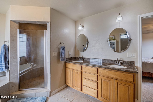 8870 Happy Trl, Show Low, AZ 85901 - bathroom featuring tile patterned floors, double vanity, and a shower stall