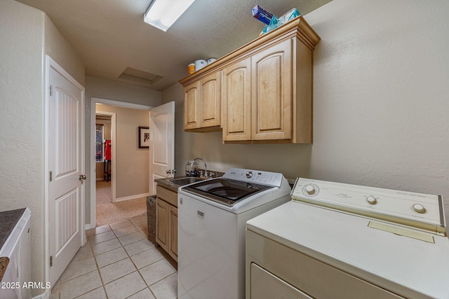 8870 Happy Trl, Show Low, AZ 85901 - laundry area with separate washer and dryer, cabinet space, light tile patterned floors, attic access, and light carpet