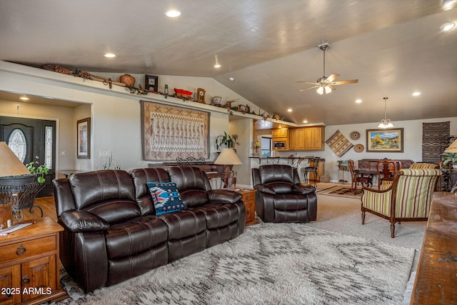 8870 Happy Trl, Show Low, AZ 85901 - living area featuring vaulted ceiling, a ceiling fan, and recessed lighting