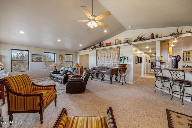 8870 Happy Trl, Show Low, AZ 85901 - carpeted living area featuring lofted ceiling, a ceiling fan, and recessed lighting