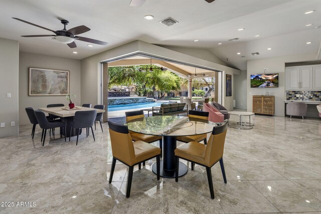 14749 E Pecos Rd, Gilbert, AZ 85295 - dining room with ceiling fan, vaulted ceiling, recessed lighting, and visible vents