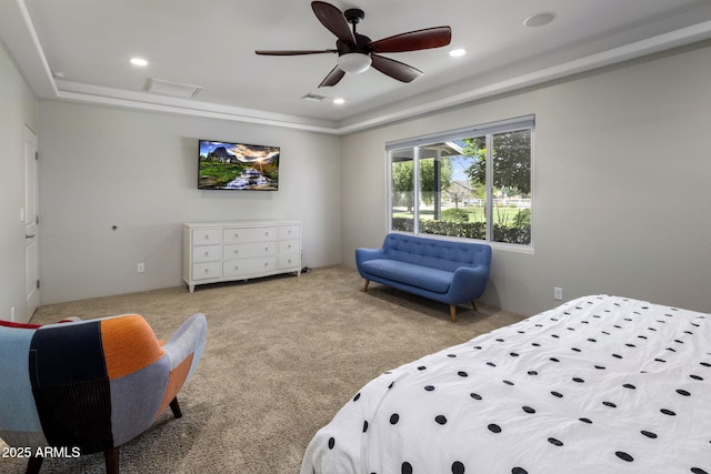 14749 E Pecos Rd, Gilbert, AZ 85295 - bedroom with carpet flooring, recessed lighting, ceiling fan, and visible vents