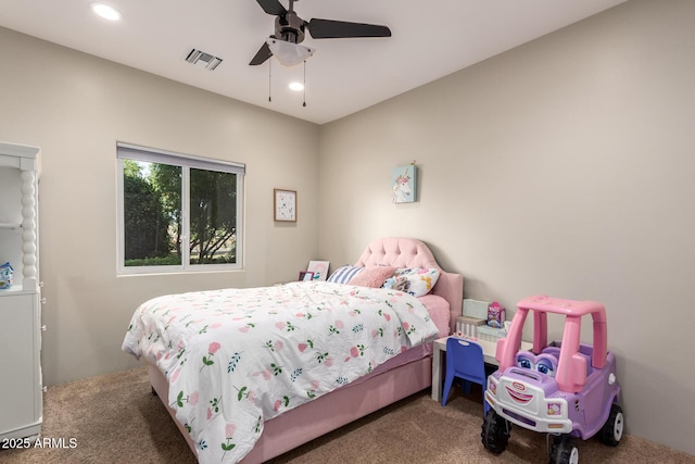 14749 E Pecos Rd, Gilbert, AZ 85295 - carpeted bedroom with visible vents, recessed lighting, and a ceiling fan