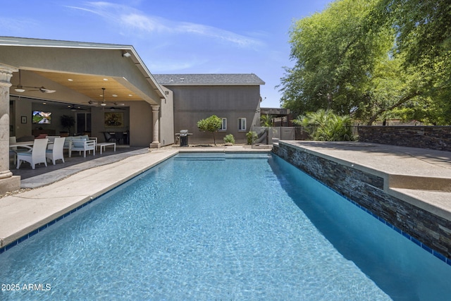 14749 E Pecos Rd, Gilbert, AZ 85295 - view of swimming pool featuring fence, ceiling fan, a fenced in pool, a patio, and a grill