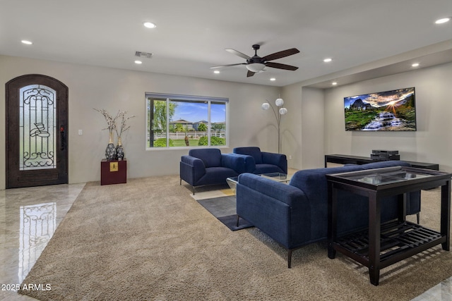 14749 E Pecos Rd, Gilbert, AZ 85295 - living area featuring recessed lighting, ceiling fan, and visible vents