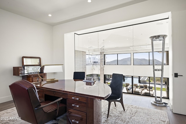 office space with a mountain view and light hardwood / wood-style floors