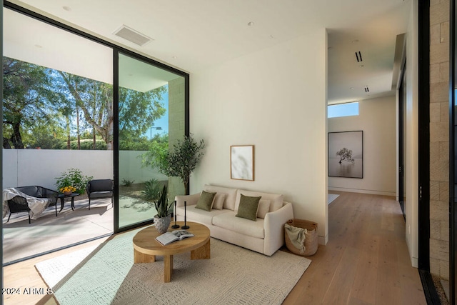 living room with hardwood / wood-style floors and expansive windows