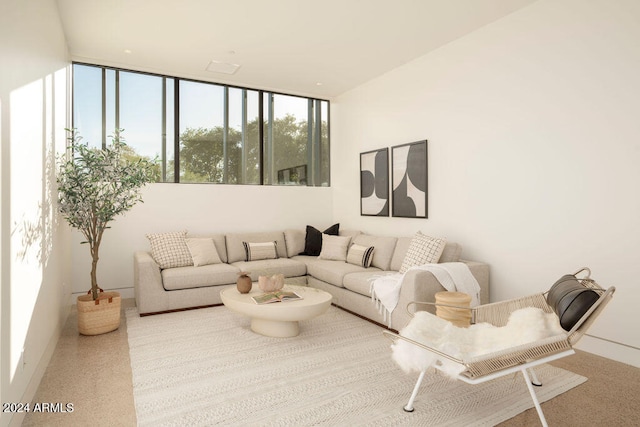 living room featuring a wall of windows