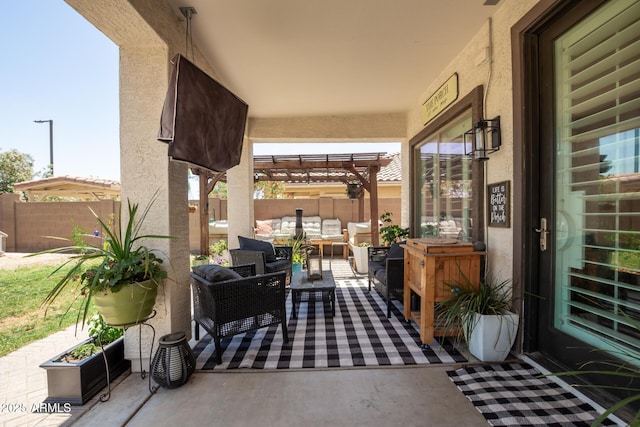 597 S 221st Dr, Buckeye, AZ 85326 - view of patio featuring an outdoor living space, a fenced backyard, and a pergola