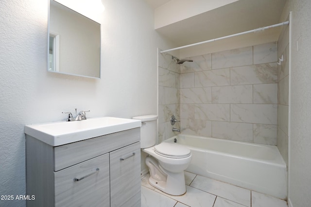 bathroom with  shower combination, toilet, tile patterned floors, and vanity