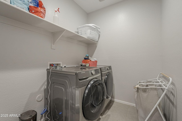 22463 E Desert Spoon Dr, Queen Creek, AZ 85142 - laundry area featuring washing machine and dryer, baseboards, and light tile patterned floors